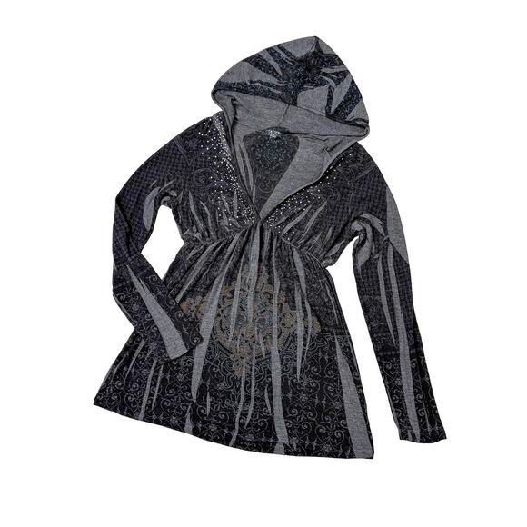 Vintage Y2K Hooded Graphic Tunic Top Whimsigoth Goth Fairy Grunge Emo Black L - Picture 1 of 7